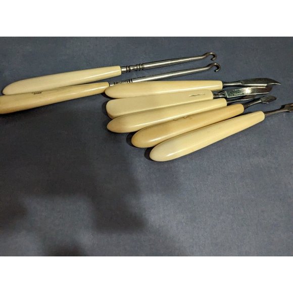 Vintage 10 Piece Vanity / Manicure Set French Ivory Celluloid Art Deco w/ Flaws - Picture 5 of 9